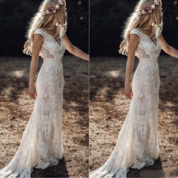 

vintage 2020 berta full lace mermaid wedding dresses v neck cap sleeve bridal gowns bohemian beach garden custom made vestido de novia, White