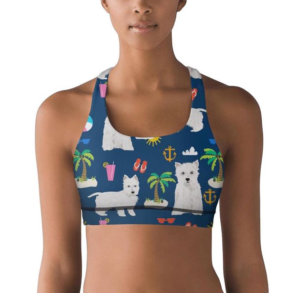 

women's yoga vestwestie dogs on beach palm design sportssports bra novel sports underwear westie sunflower and dog cool pet background, Black;white