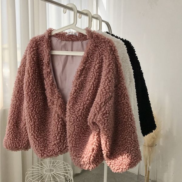 

warm winter faux fur coat women long sleeve v neck coat casual loose harajuku cardigan outwear, Black