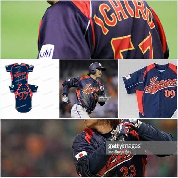 

97 Player Men Japan 2009 World Baseball Jersey 23 Norichika Aoki 20 MAEDA 51 IchiroSuzuki 24 Seiichi Uchikawa Navy Blue Baseball Jerseys