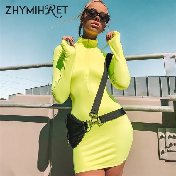 

zhymihret 2019 autumn neon color dress for women skinny zipper front long sleeve dress fall party mini vestidos female, Black;gray