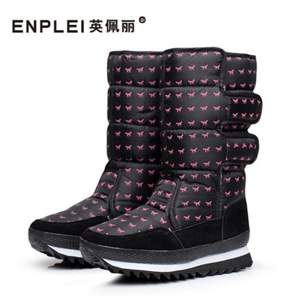 

enplei winter boots women's snow boots warm plus plush cotton shoes waterproof thickening warm printing, Black
