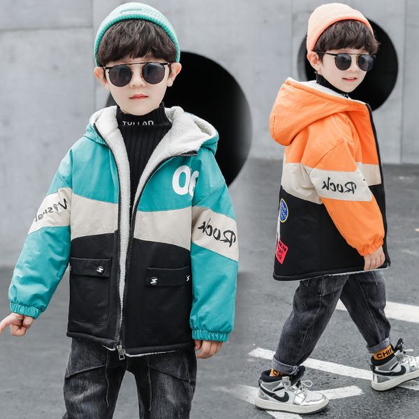 

2019 new style korean-style boy cotton boy's winter big boy children contrast color plus velvet cotton coat fashion childrenswea, Blue;gray