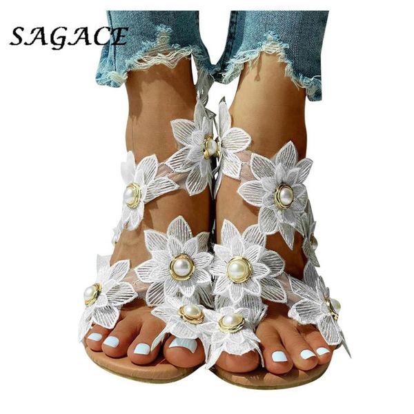 

sagace flip flops women leather sandals flower pearl open toe shoes summer woman beach sandals ladies flat casual shoes, Black