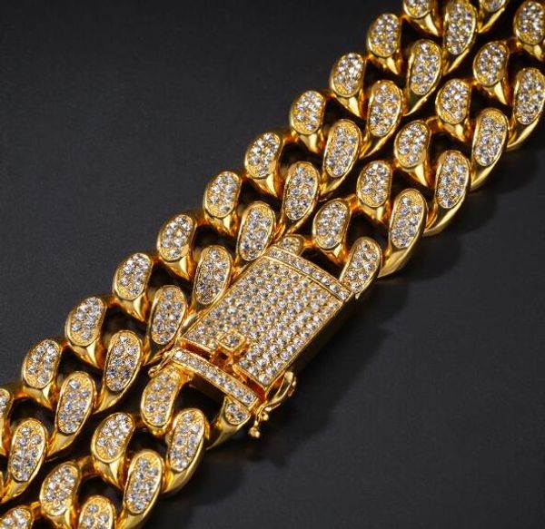 

designer luxury bling hip hop 20mm full diamond men's domineering exaggeration bracelet jewelry fashion personality cuban chain accesso, Black