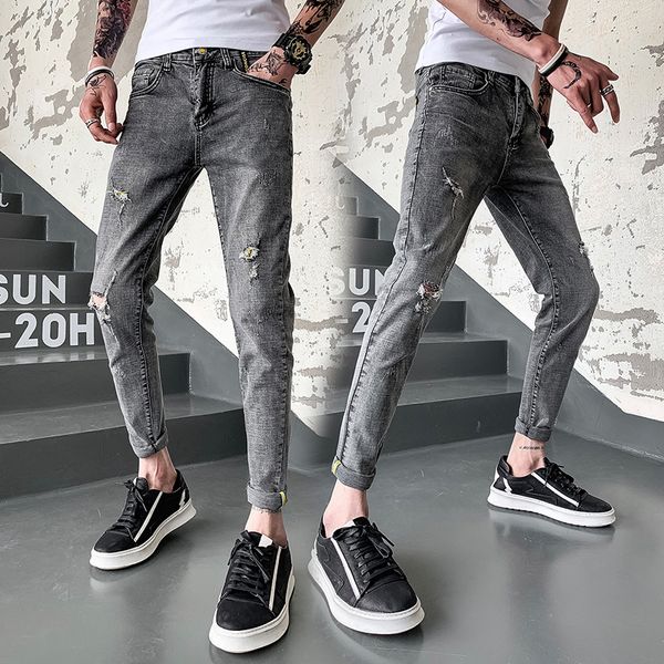 

spring new thin section jeans men slim fashion washed vintage hole denim pants man streetwear wild hip hop trousers male clothes, Blue