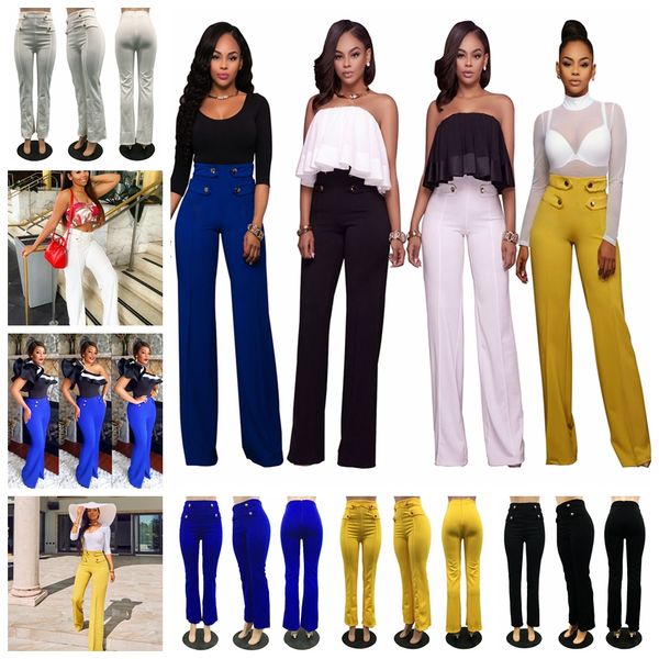 

european fashion solid color high waist casual temperament wide leg pants white, yellow, black, blue support mixed batch, Black;white