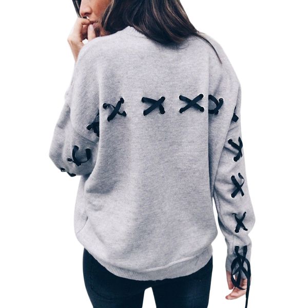 

women casual lace up long sleeve hoodies loose jumper shirt, Black