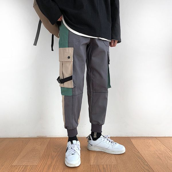 

autumn overalls men's fashion contrast color multi-pocket tooling trousers mens streetwear loose hip hop joggers sweatpants men, Black