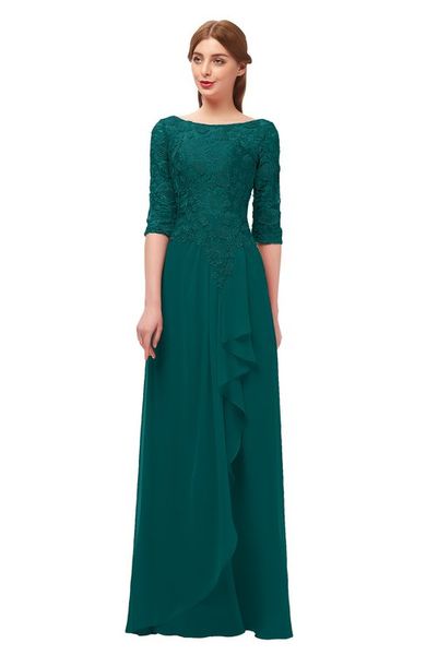 Abiti da damigella d'onore modesti in chiffon di pizzo verde acqua scuro con maniche a 3/4 Abito da donna country country modesto a trapezio