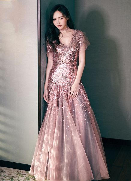 

custom new stars with sequins prom dresses bean sand color high-end v-neck long-sleeved party evening dresses, Black