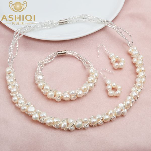 

ashiqi natural freshwater pearl jewelry sets & more hand-knitted necklace bracelet 925 silver earrings for women ne+br+ea, Black