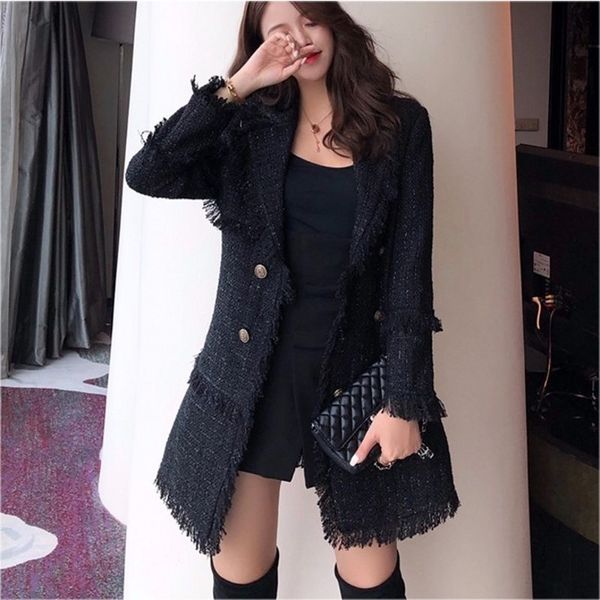 

autumn winter coat 2019 woolen overcoat women long blend coat thick wool cashmere tweed jacket outwear, Black;brown