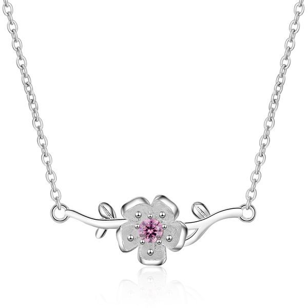 

pink cherry blossom necklace womens art fan korean version of the diamond flower pendant ins girl heart short paragraph clavicle chain, Silver