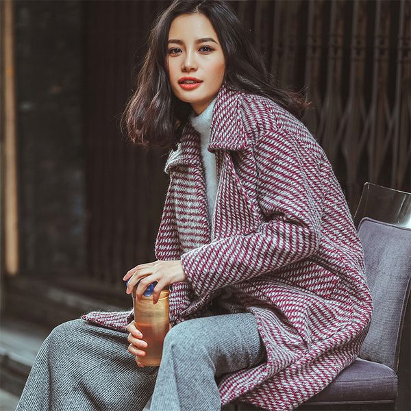 

winter elegant women houndstooth woolen coat turn-down collar female wool jacket autumn plus size overcoat new fashion parkas, Black