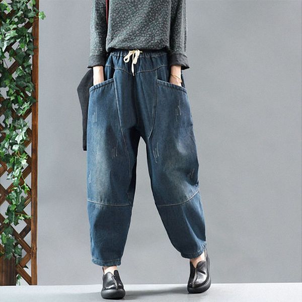 

autumn winter women loose velvet jeans warm denim pants female elastic waist pocket spliced cotton casual fleece trousers, Blue