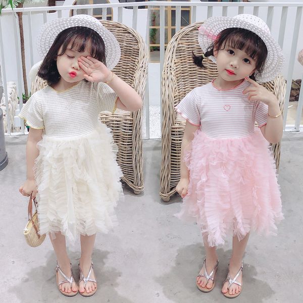 

kids designer clothes 2020 summer new korean-style cake skirt girls striped mosaic tutu dress, White