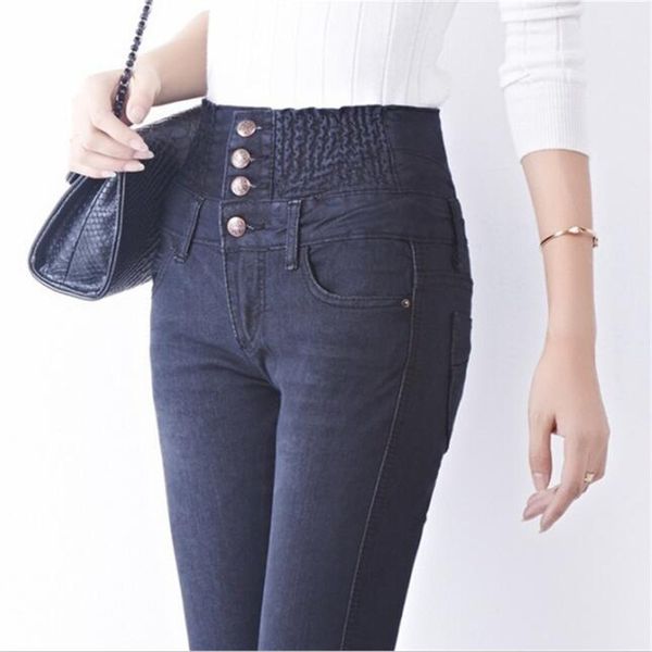 

russia lady casual jeans europe spring autumn fashion denim navy blue slim skinny waist band cotton buttons pockets