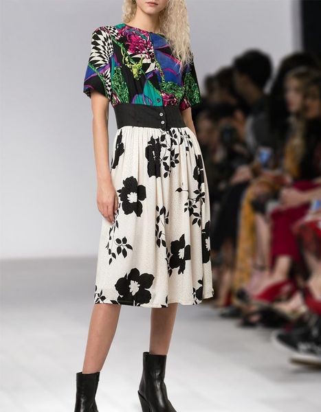 

milan runway dress 2020 spring summer o neck short sleeve print designer dress brand same style dress 0309-13 aishp, Black