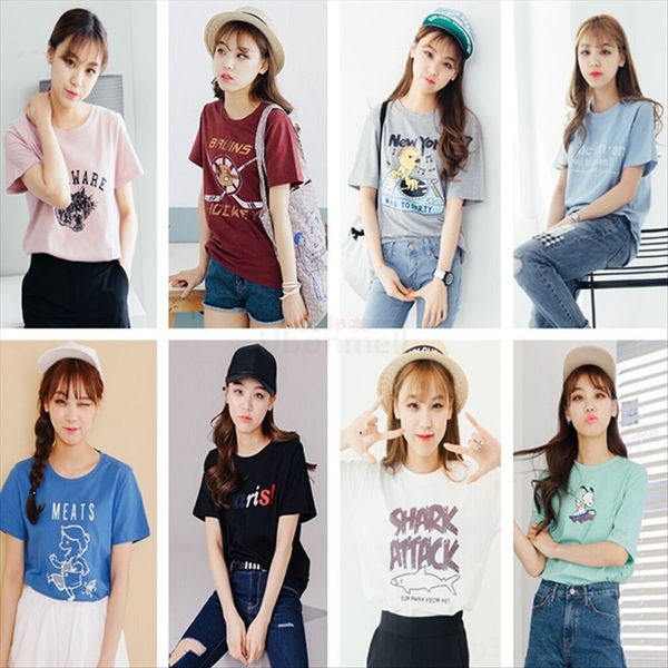 

хлопок с короткими рукавами одежды круглого воротник женщин с короткими рукавами -shirt печатного -shirt дешевым, White