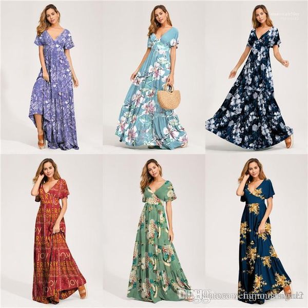 

short floral print beach holidday designer style female clothing v neck womens summer maxi dresses, Black;gray