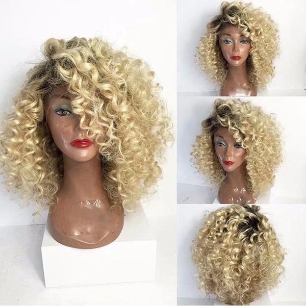 Short Bob Lace Front Wig Dark Roots Ombre Blonde 14inches Short