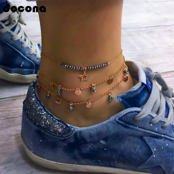 

bohemian colorful beads gold chain eye star coin multiple layers anklets for women beach party bangle foot jewelry 7089, Red;blue