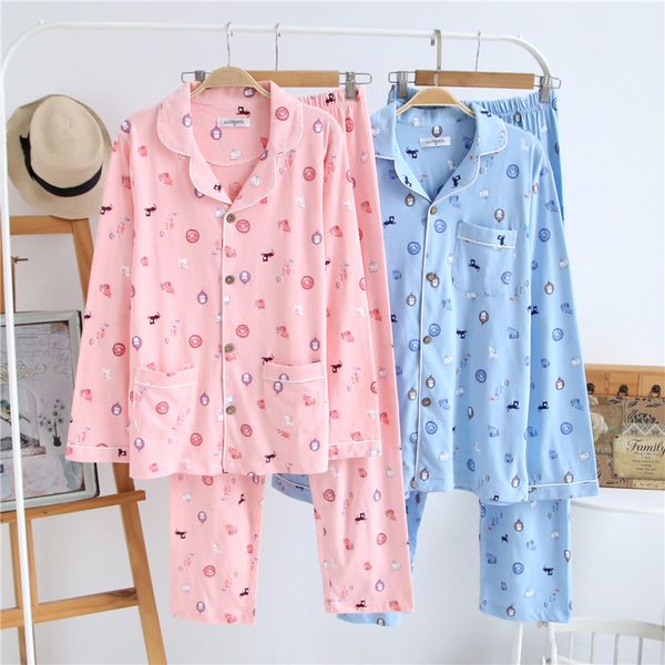 

spring autumn cotton knitted couple long-sleeved korean pajamas suit men women cardigan casual lapel nightwear pyjama set, Black;red
