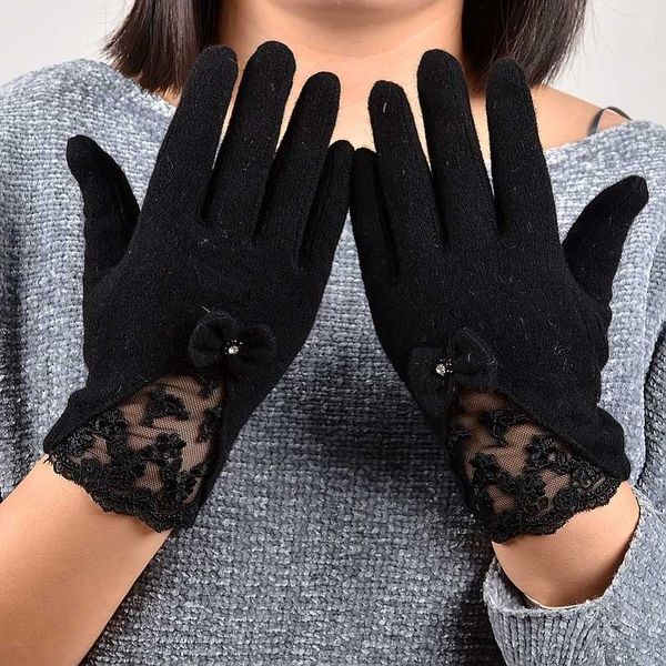 

bysifa] black lace embroidered wool gloves women winter thick cashmere soft mittens gloves elegant bow-knot ladies, Blue;gray
