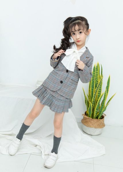 

fashionable new children's clothing new girls spring and autumn plaid suit suit jacket + skirt two-piece, Blue;gray