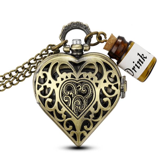 

bronze heart-shaped pocket watch necklace small bottle drink me alice in wonderland quartz pocket watch chains pendent gifts, Slivery;golden