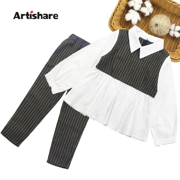 

girls clothes patchwork blouse girl school clothing set shirt + striped pants 2pcs children's clothing set 6 8 10 12 13 14 year y200623, White