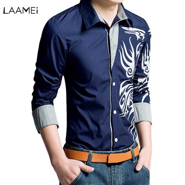 

laamei business social casual shirt for men slim fit fashion men's long-sleeved dress shirt dragons printed large size 4xl, White;black