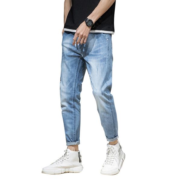 

spring new men's elastic cotton stretch jeans fit denim trousers ripped men jeans solid color personality simple hole zipper, Blue
