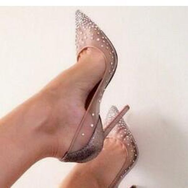 

elegant summer style women's shoes water drill high-heeled crystal pointed mesh shoes red soles wedding shoes classic, Black