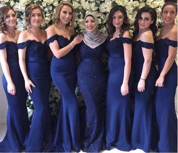 

2019 new navy blue mermaid bridesmaid dresses off shoulders lace appliques beaded elegant maid of the honor dresses vestios de fiesta, White;pink