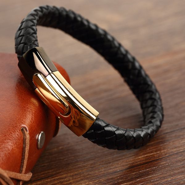 

punk easy hook black gold combination snake chain stainless steel leather bracelet for men fashion magnetic bracelet gift, Golden;silver