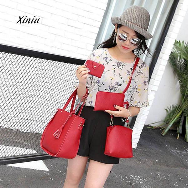 

4pcs sets bag women messenger bag tassels leather shoulder crossbody clutch wallet holder female casual packet