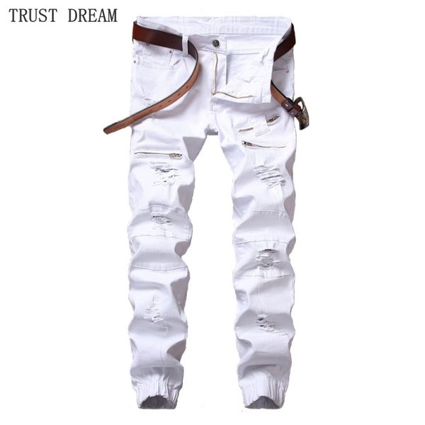 

2019 fashion new man solid white crippled hole slim fit jeans men fake zipper jeans male patch moto pant personal amazing pants, Blue