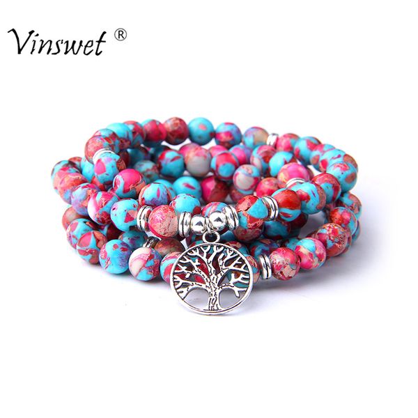 

multicolor natural imperial jaspers beads with lotus om buddha charm bracelet 108 mala necklace for women men fashion jewelry, Silver