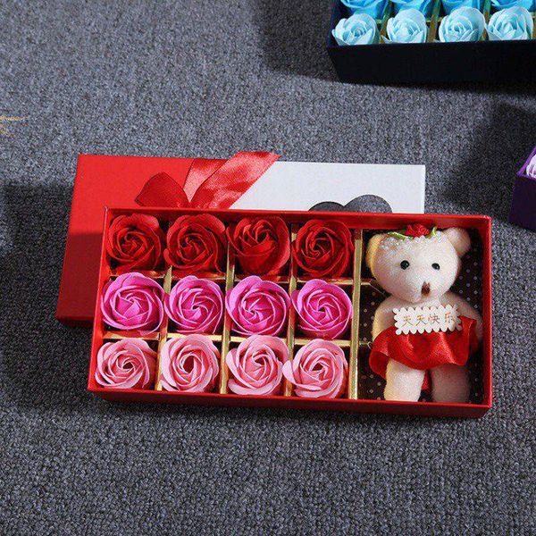 

12pcs/set soap rose flower with gift box and bear doll women bath body artificial flower soap wedding party valentine gifts2