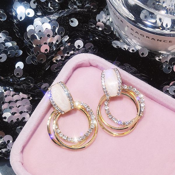 

luxury rhinestone inlaid gold color metal loops drop earrings double circles pendant dangle earrings women party jewelry 2019, Silver