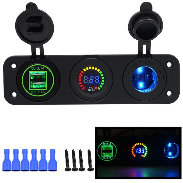 Freeshipping Auto-Ladegerät, Motorrad-Stecker, Dual-USB-Adapter + 12 V/24 V Zigarettenanzünder, blaue LED + digitales Voltmeter CY675-CN