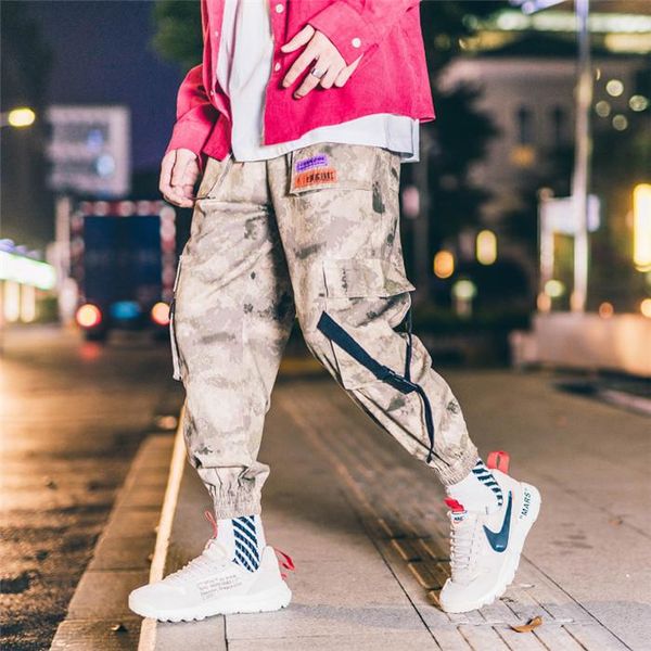 

мужского камуфляж штаны моды мужской заплатка drawstring штаны фитнес mens ulzzang брюки hip pop одежда, Black
