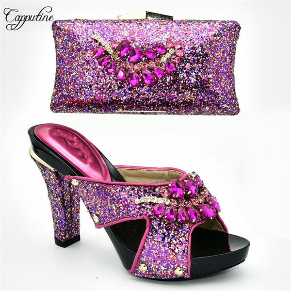 

luxury fuchsia with stones high heel party sandal shoes and evening handbag sets 388-3 in fuchsia, heel height 11cm, Black