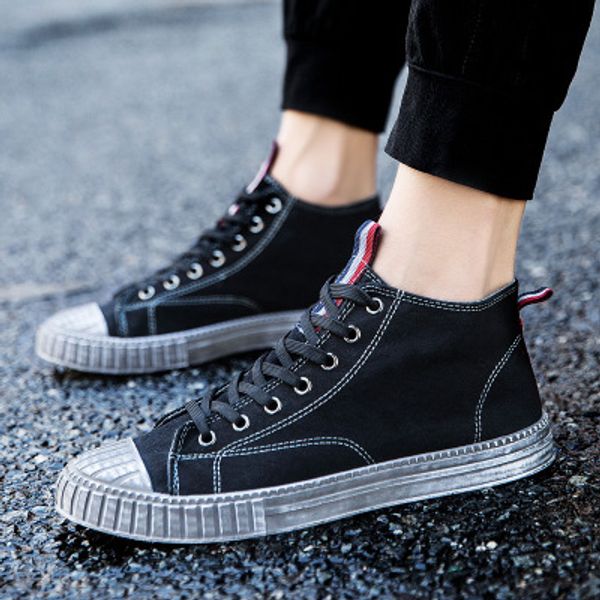 

2019 summer new men's canvas shoes denim fashion male casual canvas shoes lace-up vulcanized flat sneakers, Black