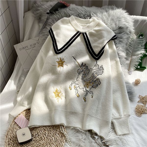 

autumn winter women navy collar kawaii sweater teen girls student loose horse embroidery long sleeve pullover preppy style, White;black