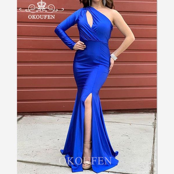 

royal blue one long sleeves prom dresses keyhole neck side split mermaid formal evening dress party for women, White;black