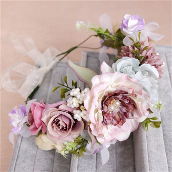 

1pc wedding hair accessories artificial pearl silk bohemian wreath hairband floral girl bridal flower headband garland headpiece