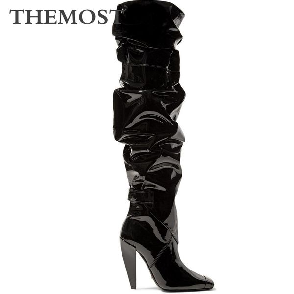 

knee-length women's boots in autumn and winter warm short plush lining lac patent leather square high heel ladies high boots, Black
